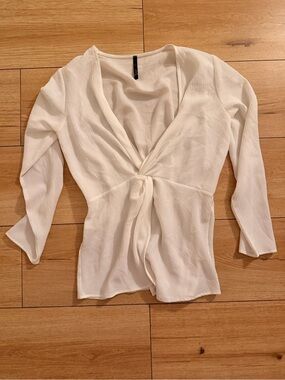 Twist-Front White Long Sleeve Blouse